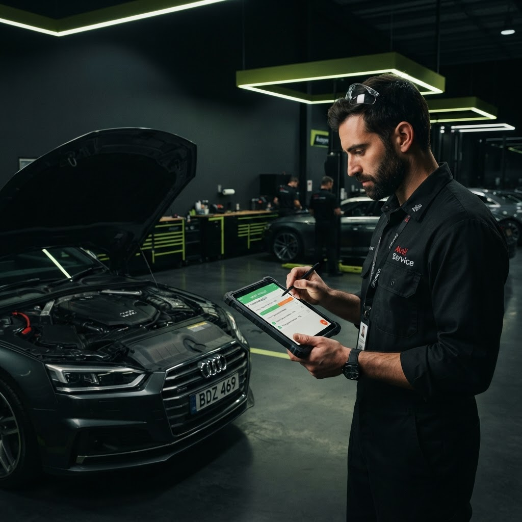 Técnico oficial inspeccionando un usado Selección 365 en el taller de Grupo Randazzo